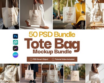 May include: A collection of mockup images featuring beige tote bags with the text "your Design here". The images showcase the bags in various settings, including outdoor scenes and studio shots. The text "50 PSD Bundle Tote Bag Mockup Bundle" is also visible.