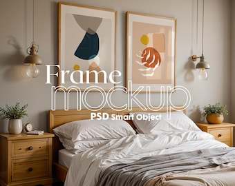 Mockup för sovrum med dubbla ramar: Väggkonst-affischdisplay (PSD)