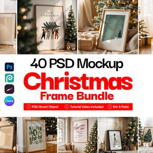 May include: A collection of framed art prints with Christmas themes, including a snowy landscape, a Christmas tree, and festive text. The image also features a mockup bundle with the text "40 PSD Mockup Christmas Frame Bundle."