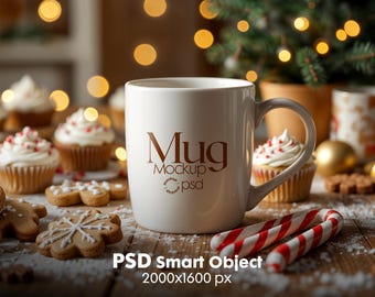 Christmas Mug Mockup PSD: White Ceramic Coffee Cup (Digital Download)