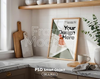 Kitchen Art Mockup: Thin Wood Frame, DIN A Ratio (PSD File)