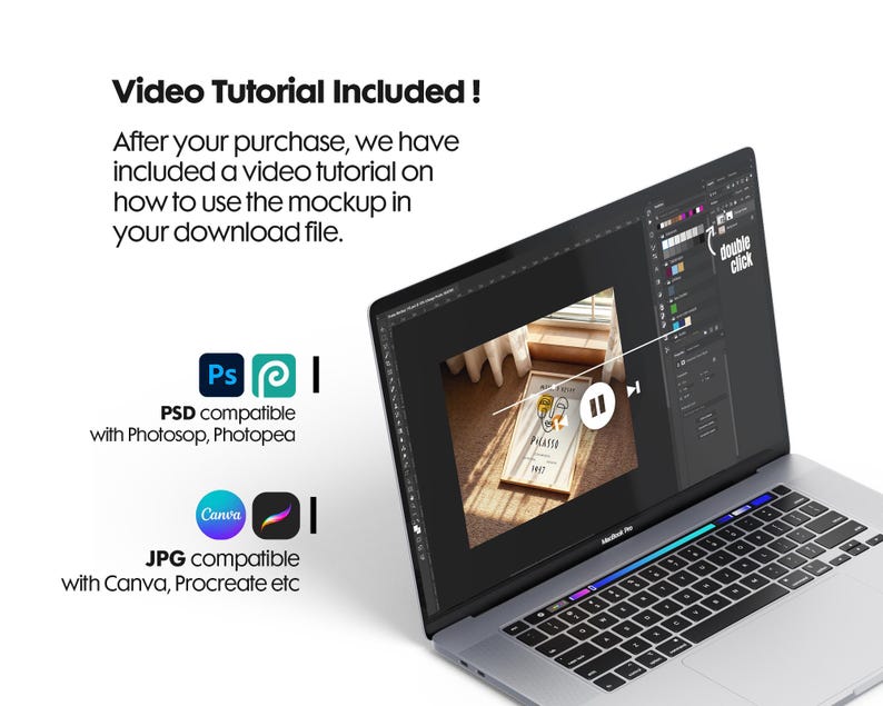 May include: A mockup of a laptop screen showing a photo of a framed print with the text "Piast" on a table. The laptop screen is open to a photo editing program with a "double click" button. The image is a mockup for a product listing.