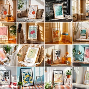 May include: A collection of framed art prints featuring a variety of designs, including abstract shapes, landscapes, and typography. The prints are displayed in different rooms and settings, demonstrating their versatility.
