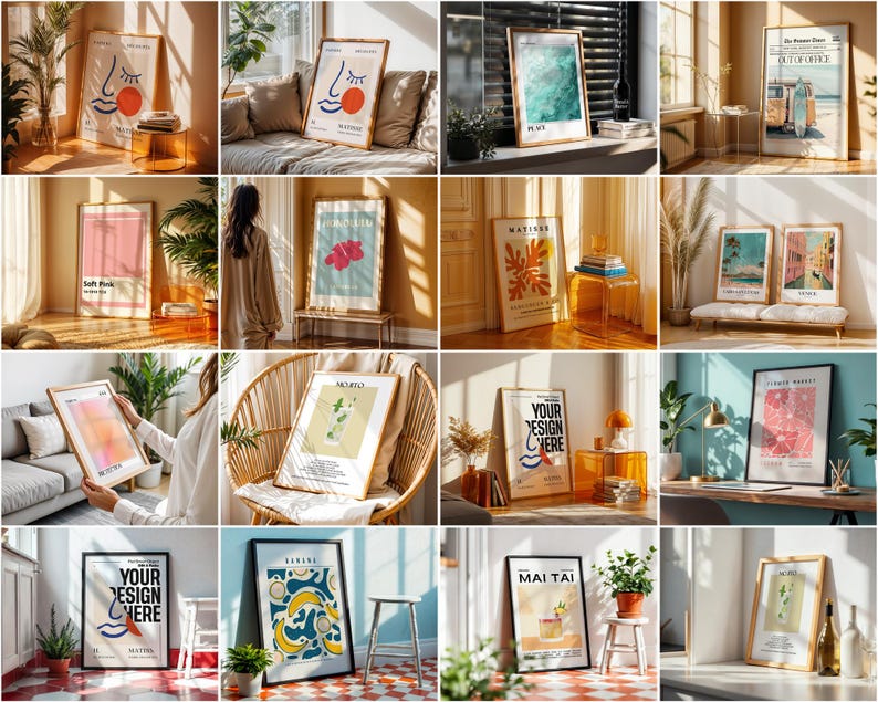 May include: A collection of framed art prints featuring a variety of designs, including abstract shapes, landscapes, and typography. The prints are displayed in different rooms and settings, demonstrating their versatility.