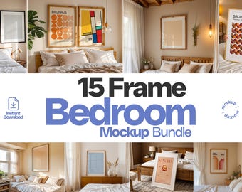 Bedroom Frame Mockup PSD Bundle: Wood Frame & Wall Poster Templates (Digital Download)