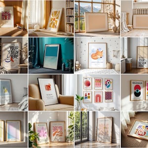 May include: A collection of framed art prints in various styles and colours, including abstract, geometric, and illustrative designs. The prints are displayed in different rooms and settings, showcasing their versatility.
