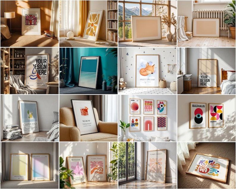 May include: A collection of framed art prints in various styles and colours, including abstract, geometric, and illustrative designs. The prints are displayed in different rooms and settings, showcasing their versatility.
