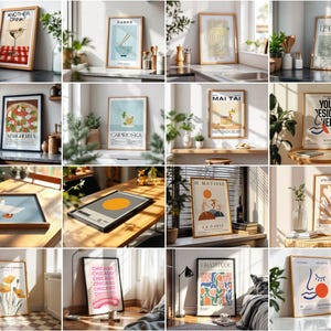 May include: A collection of framed art prints with various designs and colours. The prints feature abstract art, illustrations, and typography. The frames are all different sizes and shapes, and some have a white mount.