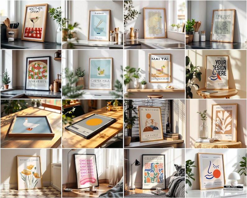 May include: A collection of framed art prints with various designs and colours. The prints feature abstract art, illustrations, and typography. The frames are all different sizes and shapes, and some have a white mount.