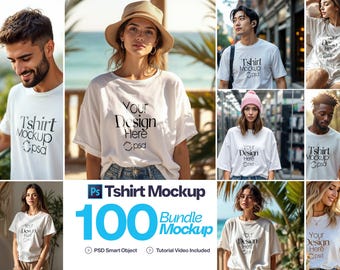 May include: A collection of people wearing white t-shirts with various designs. The shirts feature the text "Tshirt Mockup" and "Your Design Here". The image also includes a graphic that says "Tshirt Mockup 100 Bundle Mockup".