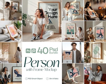May include: A collection of framed art prints and mockups, featuring various designs and styles. The images include the Eiffel Tower, abstract art, and text that says "Your Design Here". The bundle is labeled as a "40 Psd Bundle Person with Frame Mockup".