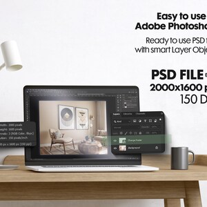May include: A laptop computer displaying a mockup of a living room interior design in Adobe Photoshop. The image is 2000 pixels wide by 1600 pixels high with a resolution of 150 DPI. The PSD file is ready to use with smart layer objects.