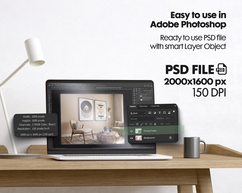 May include: A laptop computer displaying a mockup of a living room interior design in Adobe Photoshop. The image is 2000 pixels wide by 1600 pixels high with a resolution of 150 DPI. The PSD file is ready to use with smart layer objects.