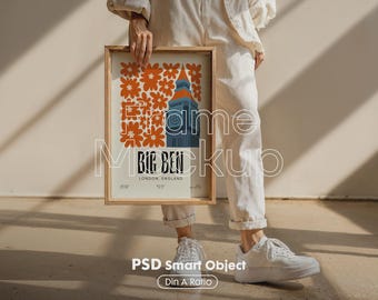 Mockup ramki DIN A w formacie PSD: grafika ścienna z postacią, inteligentny obiekt PSD (pobranie cyfrowe)