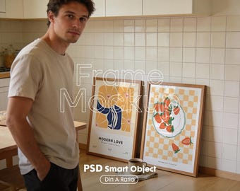 Mockup ramki DIN A w formacie PSD: grafika ścienna z postacią, inteligentny obiekt PSD (pobranie cyfrowe)