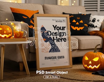 Halloween Frame Mockup PSD: Rustic Autumn Pumpkin Artwork