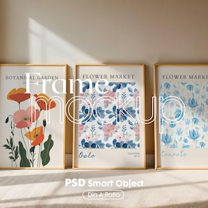 Könnte beinhalten: Drei gerahmte Drucke mit floralen Designs. Der linke Druck zeigt ein botanisches Gartenthema mit roten und gelben Blumen. Der mittlere Druck zeigt ein Blumenmarkt-Thema mit rosa und blauen Blumen. Der rechte Druck zeigt ein Blumenmarkt-Thema mit blauen Blumen.