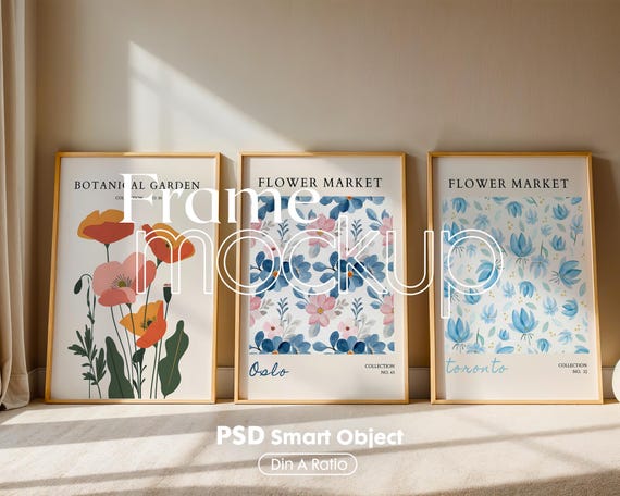 Set of 3 Vertical Frame Mockup: Gallery Wall Art Display (PSD)