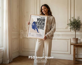 Mockup ramki DIN A w formacie PSD: grafika ścienna z postacią, inteligentny obiekt PSD (pobranie cyfrowe)