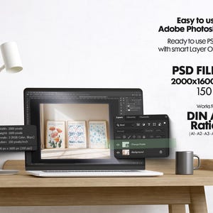 May include: A laptop screen displaying a PSD file with a floral illustration. The file is 2000x1600 pixels and 150 DPI. The text on the screen reads "Width: 2000 pixels, Height: 1600 pixels, Channels: 3 (RGB Color, 8 bpc), Resolution: 150 p/ch, 2000 px x 1600 px (150 ppi)". The text on the screen also reads "Change Poster, Background".
