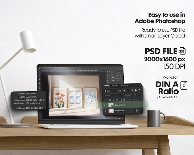 May include: A laptop screen displaying a PSD file with a floral illustration. The file is 2000x1600 pixels and 150 DPI. The text on the screen reads "Width: 2000 pixels, Height: 1600 pixels, Channels: 3 (RGB Color, 8 bpc), Resolution: 150 p/ch, 2000 px x 1600 px (150 ppi)". The text on the screen also reads "Change Poster, Background".