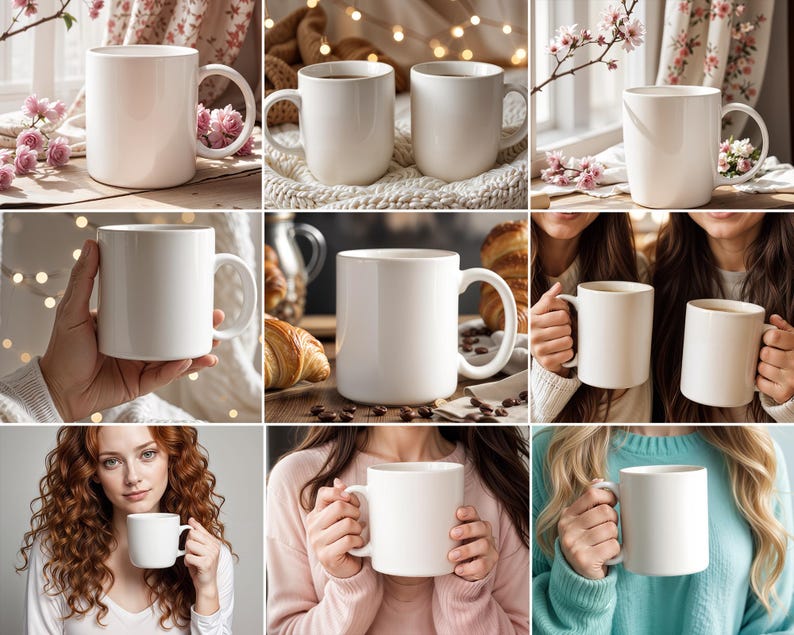 Peut inclure: Une collection de tasses en c&eacute;ramique blanche avec des poign&eacute;es. Les tasses sont dispos&eacute;es dans diff&eacute;rents contextes, notamment une table avec une nappe florale, une table avec un jet&eacute; en tricot et une table avec une surface en bois. Certaines tasses sont vides, tandis que d'autres sont remplies d'un liquide sombre.