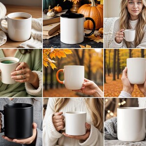 Peut inclure: Une collection de neuf tasses en c&eacute;ramique blanche avec diff&eacute;rentes poign&eacute;es. Certaines tasses sont remplies d'un liquide brun. Les tasses sont pr&eacute;sent&eacute;es sur diff&eacute;rents fonds, notamment une table en bois, une sc&egrave;ne de feuillage d'automne et une couverture blanche.