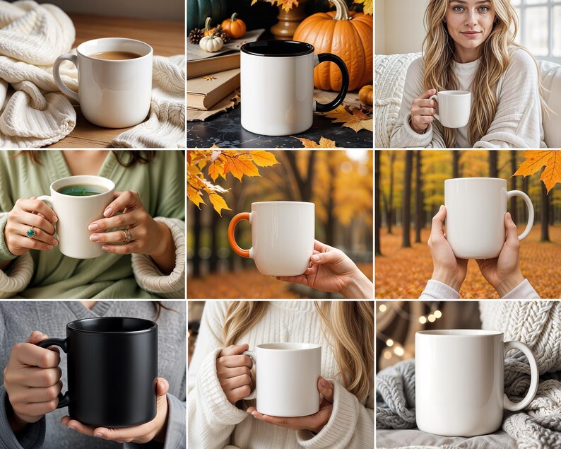 Peut inclure: Une collection de neuf tasses en c&eacute;ramique blanche avec diff&eacute;rentes poign&eacute;es. Certaines tasses sont remplies d'un liquide brun. Les tasses sont pr&eacute;sent&eacute;es sur diff&eacute;rents fonds, notamment une table en bois, une sc&egrave;ne de feuillage d'automne et une couverture blanche.
