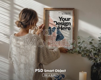 DIN A Frame Mockup PSD: Wall Art with Person, PSD Smart Object (Digital Download)