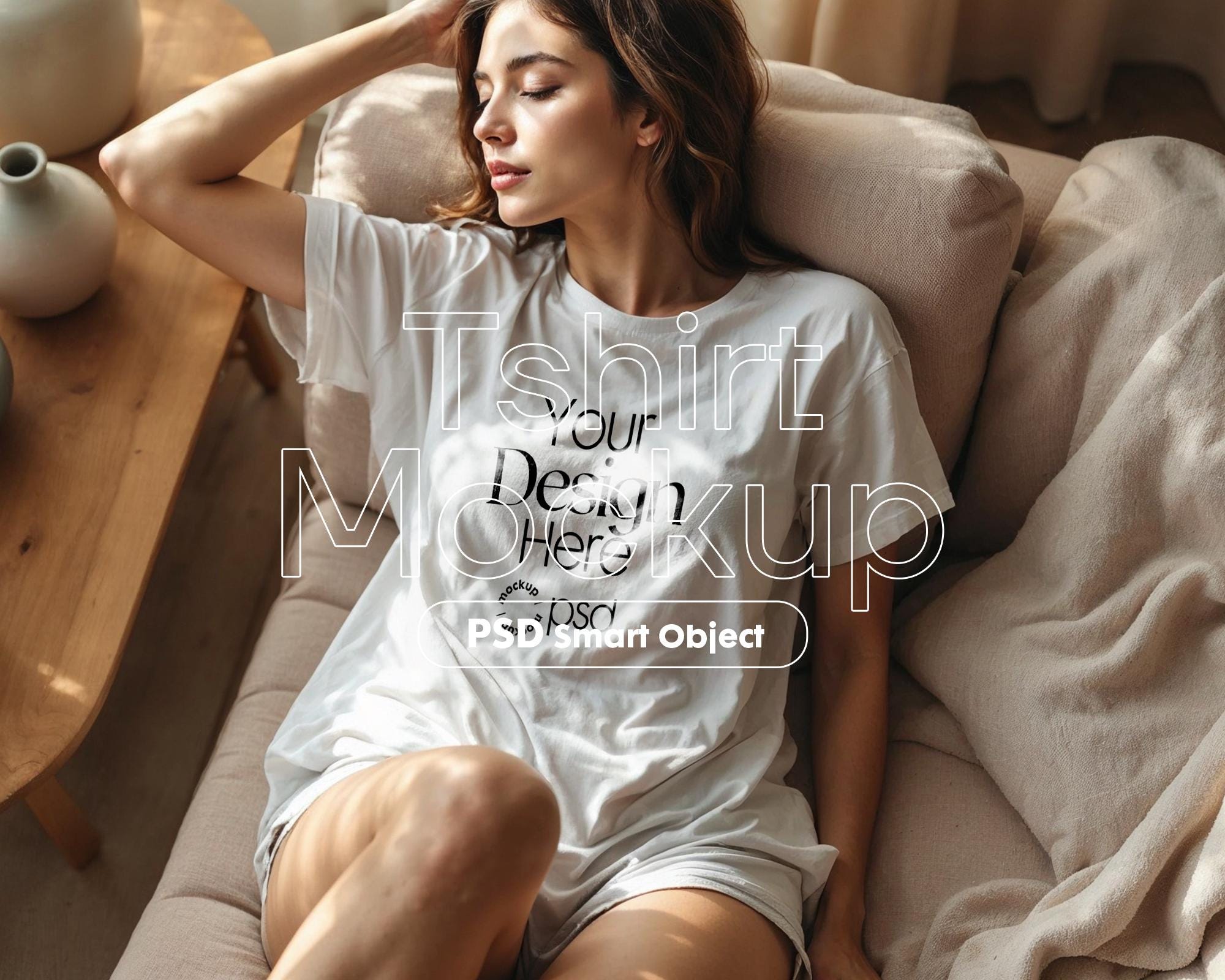 White T-Shirt Mockup PSD: Gildan 64000 & Bella Canvas 3001, Boho Style