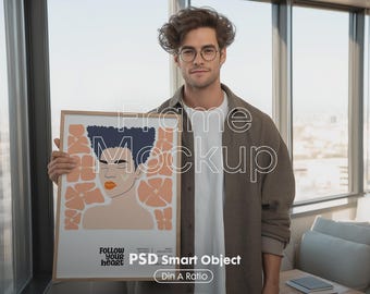 DIN A Frame Mockup PSD: Wall Art with Person, PSD Smart Object (Digital Download)