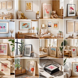 May include: A collage of images showcasing a selection of framed artwork, featuring abstract designs, animal illustrations, and landscapes. The artwork is displayed in a variety of settings, including living rooms, bedrooms, and offices.
