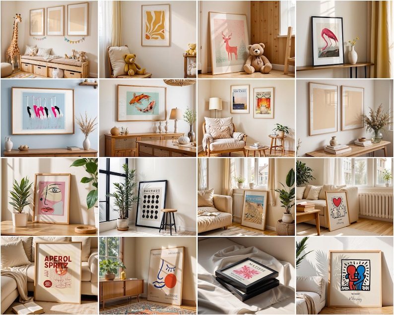 May include: A collage of images showcasing a selection of framed artwork, featuring abstract designs, animal illustrations, and landscapes. The artwork is displayed in a variety of settings, including living rooms, bedrooms, and offices.