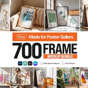 Könnte beinhalten: Eine Sammlung gerahmter Kunstdrucke und Mockups, die verschiedene Designs und Stile zeigen. Das Bild enthält Poster mit dem Text "YOUR DESIGN HERE" und "MATISSE PICASSO 1947". Das Bild enthält auch den Text "700 FRAME MOCKUP BUNDLE".