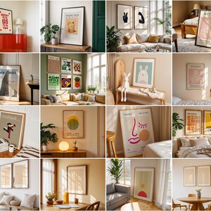 May include: A collage of 12 different framed art prints in various styles and colours, including abstract, geometric, and figurative designs. The prints are displayed in different rooms with various furniture and decor.
