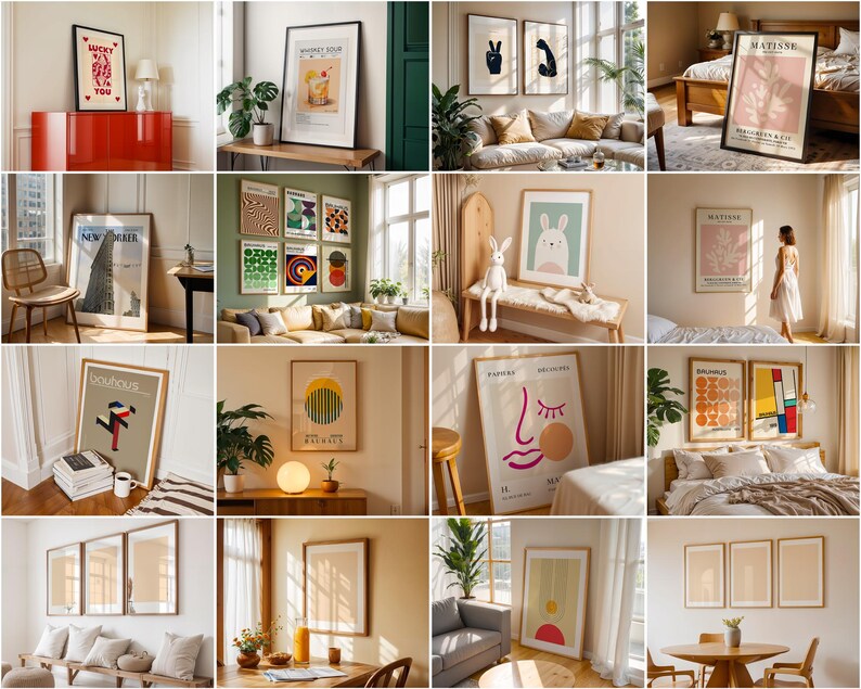 May include: A collage of 12 different framed art prints in various styles and colours, including abstract, geometric, and figurative designs. The prints are displayed in different rooms with various furniture and decor.