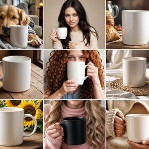Peut inclure: Une collection de tasses en c&eacute;ramique blanche avec des poign&eacute;es. Les tasses sont pr&eacute;sent&eacute;es dans diff&eacute;rents contextes, notamment un comptoir de cuisine, une table avec un dessous-de-plat et une personne tenant une tasse.