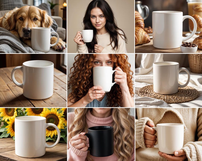 Peut inclure: Une collection de tasses en c&eacute;ramique blanche avec des poign&eacute;es. Les tasses sont pr&eacute;sent&eacute;es dans diff&eacute;rents contextes, notamment un comptoir de cuisine, une table avec un dessous-de-plat et une personne tenant une tasse.