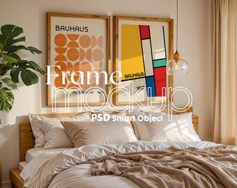 Mockup för sovrum med dubbla ramar PSD: Väggkonstdisplay (digital nedladdning)