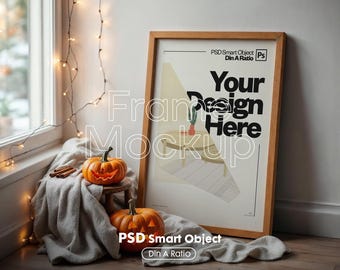 Halloween Frame Mockup PSD: Rustic Autumn Pumpkin Vertical Artwork