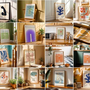May include: A collection of framed art prints featuring abstract designs, geometric shapes, and illustrations. The prints are in various colours, including orange, blue, green, and yellow. Some prints feature text, such as "Spritz" and "New Yorker".