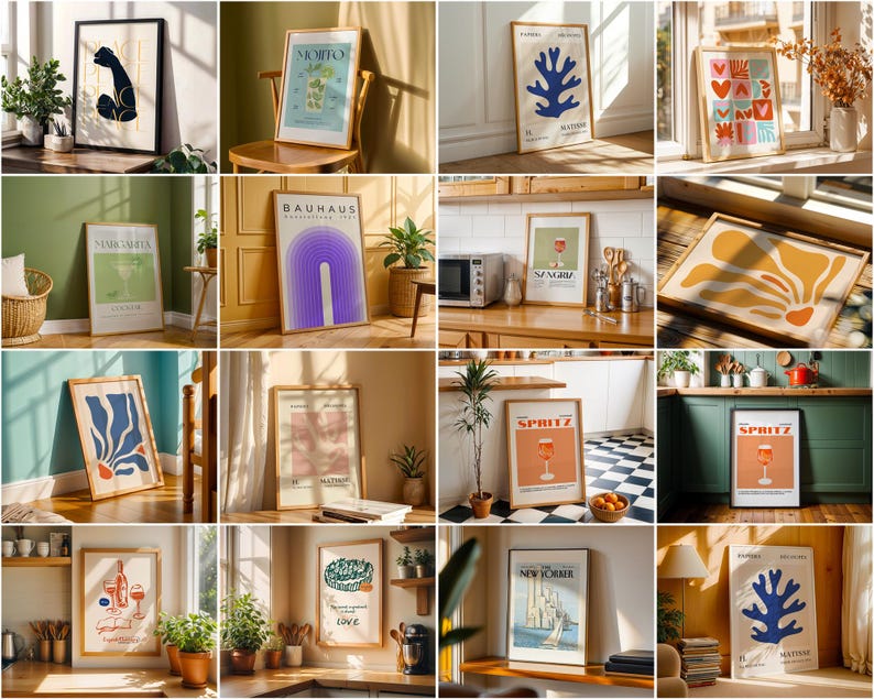 May include: A collection of framed art prints featuring abstract designs, geometric shapes, and illustrations. The prints are in various colours, including orange, blue, green, and yellow. Some prints feature text, such as "Spritz" and "New Yorker".