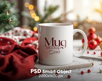 Christmas Mug Mockup PSD: White Ceramic Coffee Cup (Digital Download)