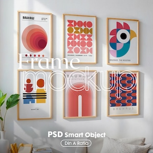 May include: A set of five framed prints with geometric designs in shades of red, pink, yellow, and blue. The prints are arranged in a grid pattern on a white wall.