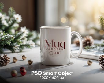 Christmas Mug Mockup PSD: White 11oz Coffee Cup Mockup (Digital Download)