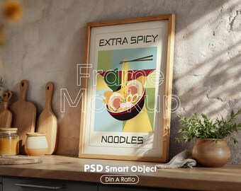 Kitchen Frame Mockup: DIN A Vertical Wood Frame (PSD Template)