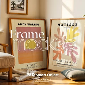 May include: Two framed art prints, one with a sunset scene by Andy Warhol and the text "Sunset Museum of Modern Art, 1972" and the other with an abstract design by Matisse and the text "The Cut Outs, Berggruen & Cie, 70 Rue de l'Universite Paris-VII, Du Vendredi 21 Fevrier au Samedi 28 Mars 1973".