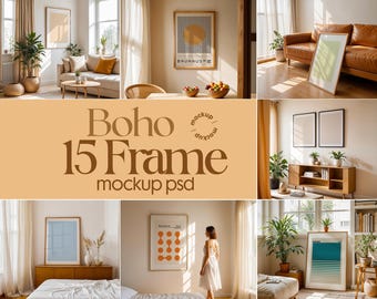 Puede incluir: Una colección de 15 marcos de fotos de estilo boho en varios tamaños y formas, expuestos en un ambiente de sala de estar moderna. Los marcos están vacíos y listos para tus fotos u obras de arte. Los marcos están hechos de madera y tienen un acabado natural. Los marcos son perfectos para agregar un toque de estilo boho a la decoración de tu hogar.