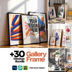 Puede incluir: Una colección de impresiones artísticas enmarcadas en varios tamaños y estilos, que muestran diseños abstractos e ilustraciones gráficas. Los marcos son negros y de madera, con el texto "Your Design Here" visible en algunas impresiones. La imagen también incluye el texto "+30 Gallery Frame Mockup Bundle".