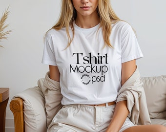 Mulher Camiseta Branca Mockup PSD, Gildan Camiseta Mockup PSD, Gildan 64000 Modelo Mockup PSD, Camisa Branca Mockup
